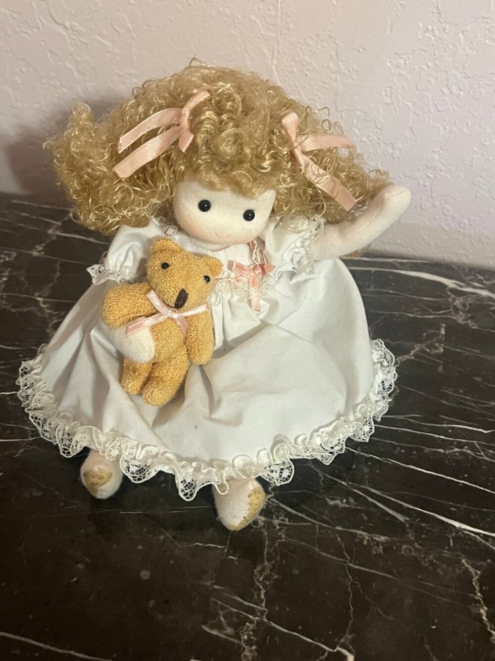 Vintage Cloth Doll with Teddy Bear, Handmade Rag Doll, Blonde Curly Hair, White